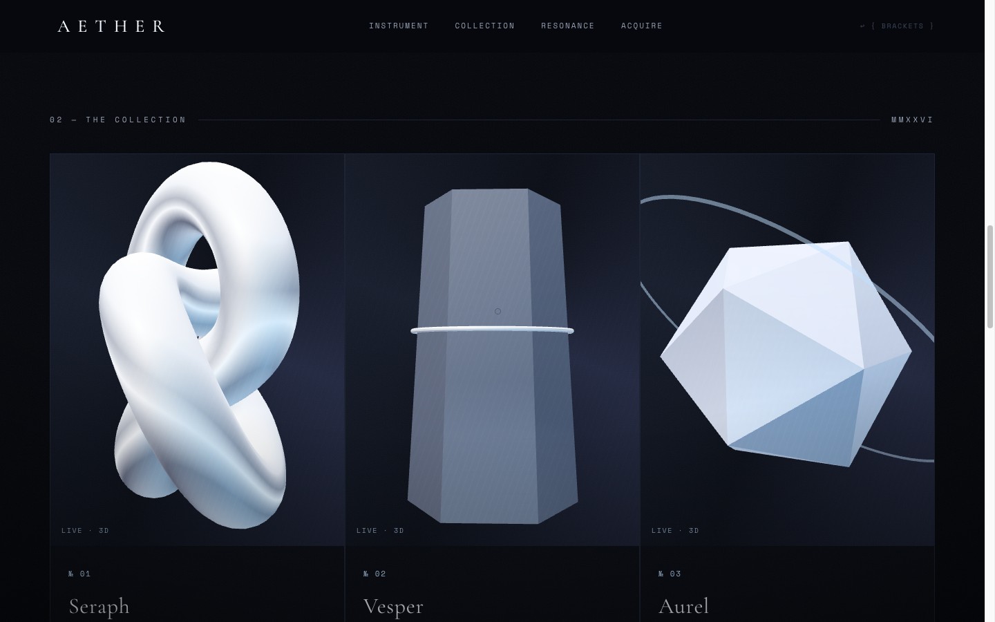 AETHER collection — three live 3D forms